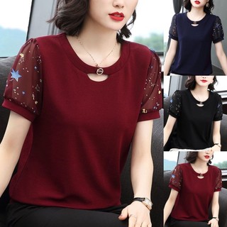 Blouse for Plus Size Women Printed Short-sleeved Chiffon Lace Hollow Out Blouse Shirt