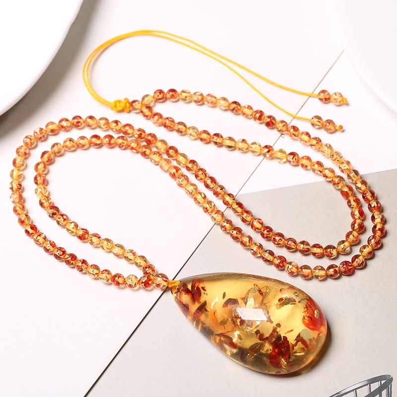 Natural Baltic Flower Amber Pendant Necklace Sweater Chain Women Real Floral Ambers Charms Necklaces Succinum Lucky Amul