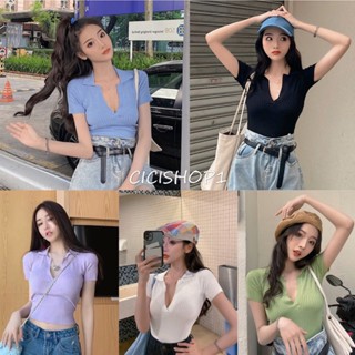 Cicishop(พร้อมส่ง)เสื้อไหมพรมคอปก เพิ่มดีเทลแหวกลึก เซ็กซี่มาก(3008/7119)