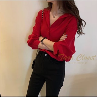 IT022 TARA Shirt Red เสื้อเชิ้ตคอปก แขนยาว สีแดง สีคลาสสิค ใส่ได้ตลอด ผ้าไหมอิตาลี ผ้าใส่สบาย ไม่ร้อน