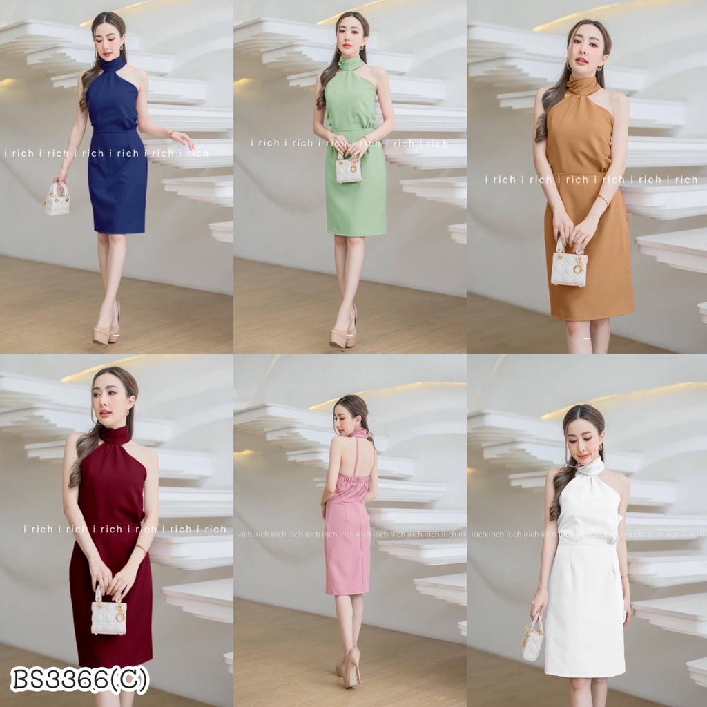BS3366  เดรสออกงานสุดหรู ผ้าบาร์บี้ ทรงคล้องคอติดกระดุมคอ ทรงสวย เรียบหรูดูดีสุดๆ พร้อมส่ง  ขนาด :: รอบอก 32-38 รอบเอว 2