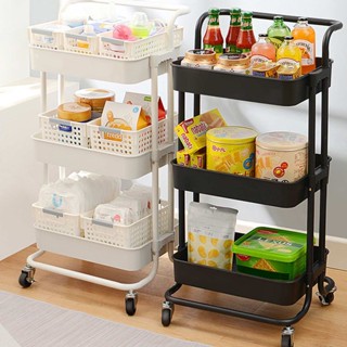 ชั้นวางของ3ชั้น พร้อมล้อเลื่อน+ที่จับ รถเข็นอาหาร Rolling Cart Shelf ชั้นวางโครงเหล็ก กันสนิม (รุ่นMK)