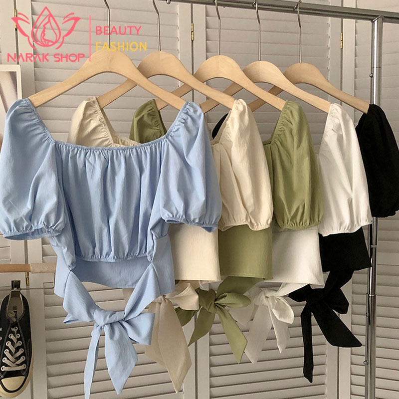 เสื้อครอปแฟชั่นสายฝอ ผูกโบว์ข้างหลัง มินิครอปสีสันสดใส เสื้อครอปเเฟชั่น เสื้อครอปสั้นลำลอง