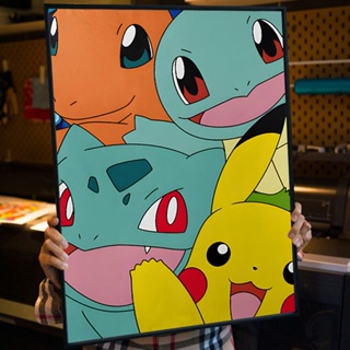 โปสเตอร์ภาพวาดผ้าใบ รูปการ์ตูนโปเกม่อน Pikachu Bulbasaur Charmander Squirtle สําหรับตกแต่งผนังห้องเด็ก