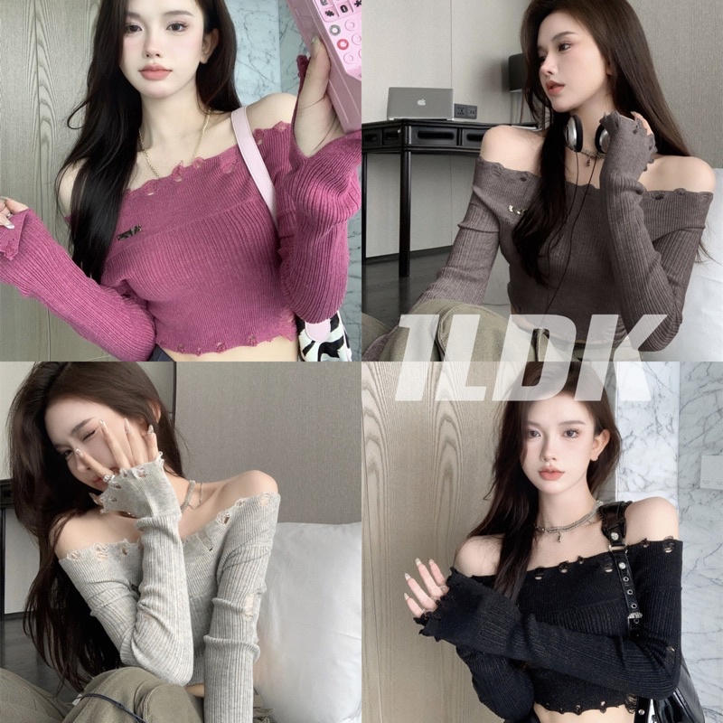 1LDK พร้อมส่ง เสื้อปาดไหล่ ผ้าไหมพรม เสื้อครอป แขนยาว ดีเทลลุ้ยๆ(M3709)