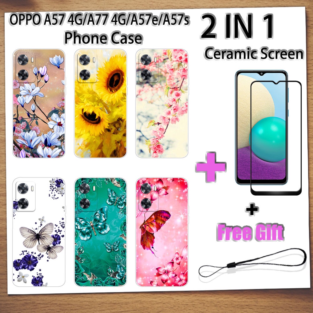 2 IN 1 OPPO A57 4G A77 4G A57e A57s เคสโทรศัพท์กระจกนิรภัยเซรามิคป้องกันหน้าจอโค้งฟิล์มนิรภัยผีเสื้อ