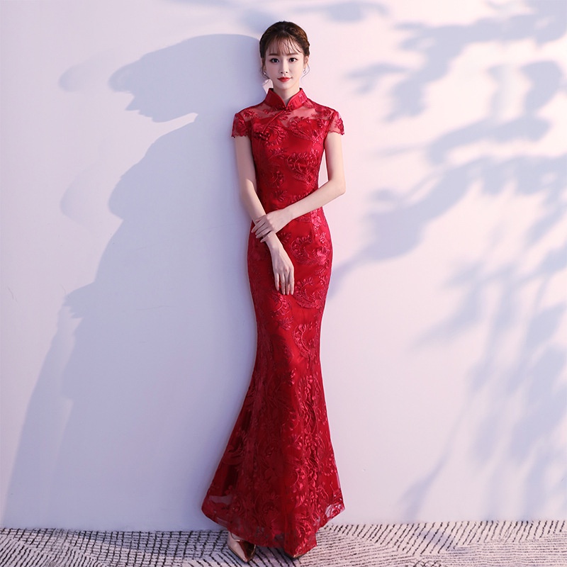Lace Mermaid Chinese Style Lady Cheongsam Long Tight Elegant Dress Big Size 3xl Vestidso Vintage Red Bride Wedding Qip #1