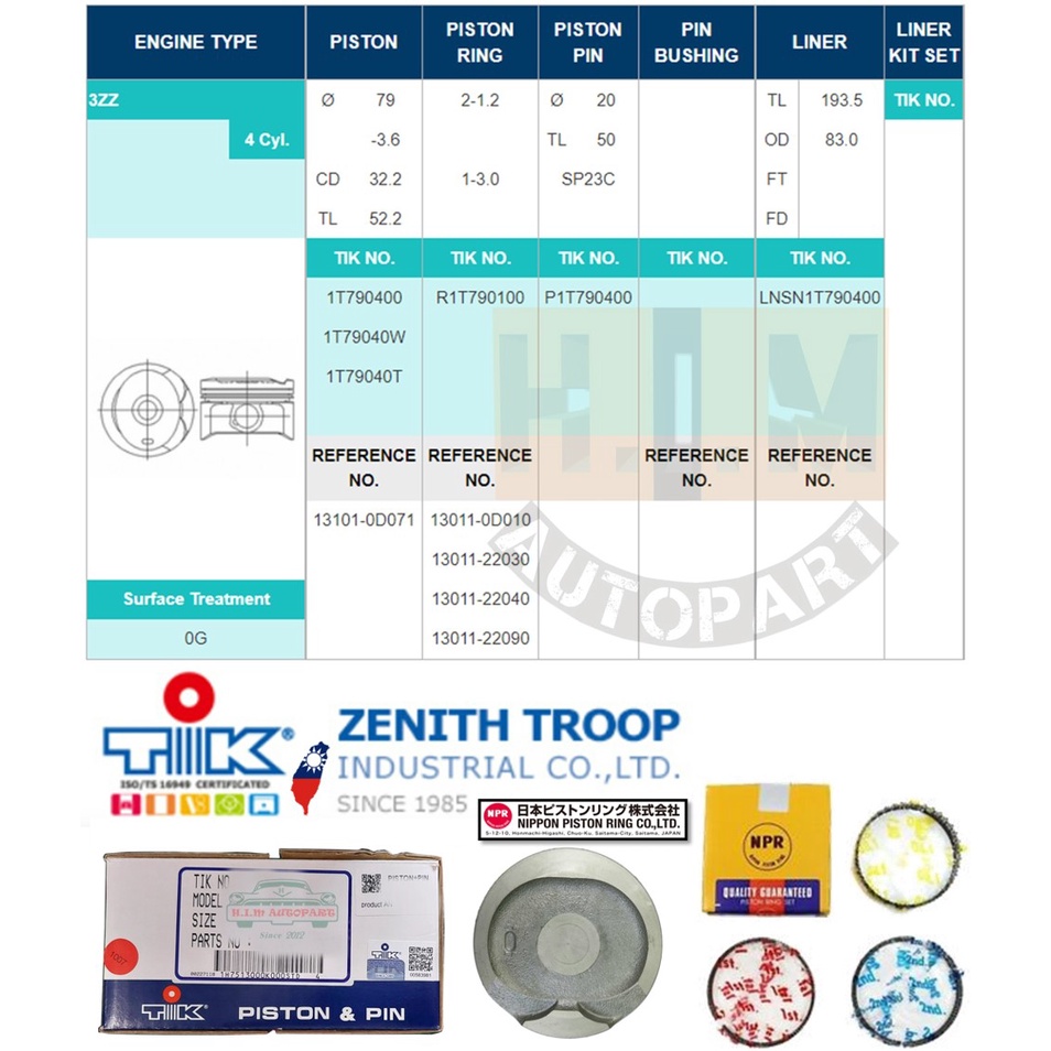 ลูกสูบ พร้อมแหวนลูกสูบ TOYOTA   ALTIS 1600 CC  #ZZE121  3ZZ-FE ENGINE