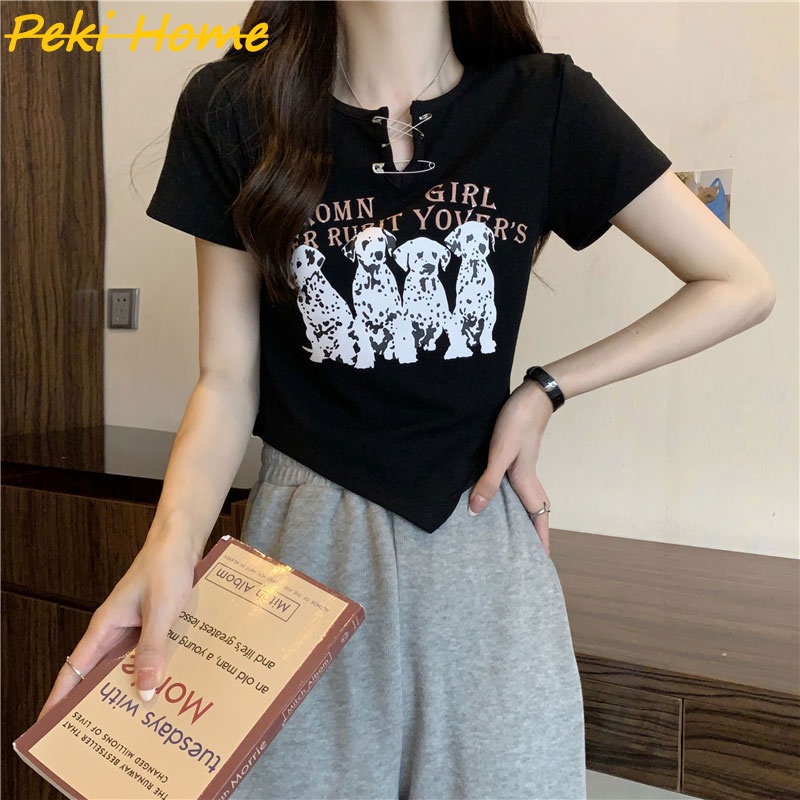 ใหม่ เสื้อครอปพิมพ์ลายสุนัขวินเทจ