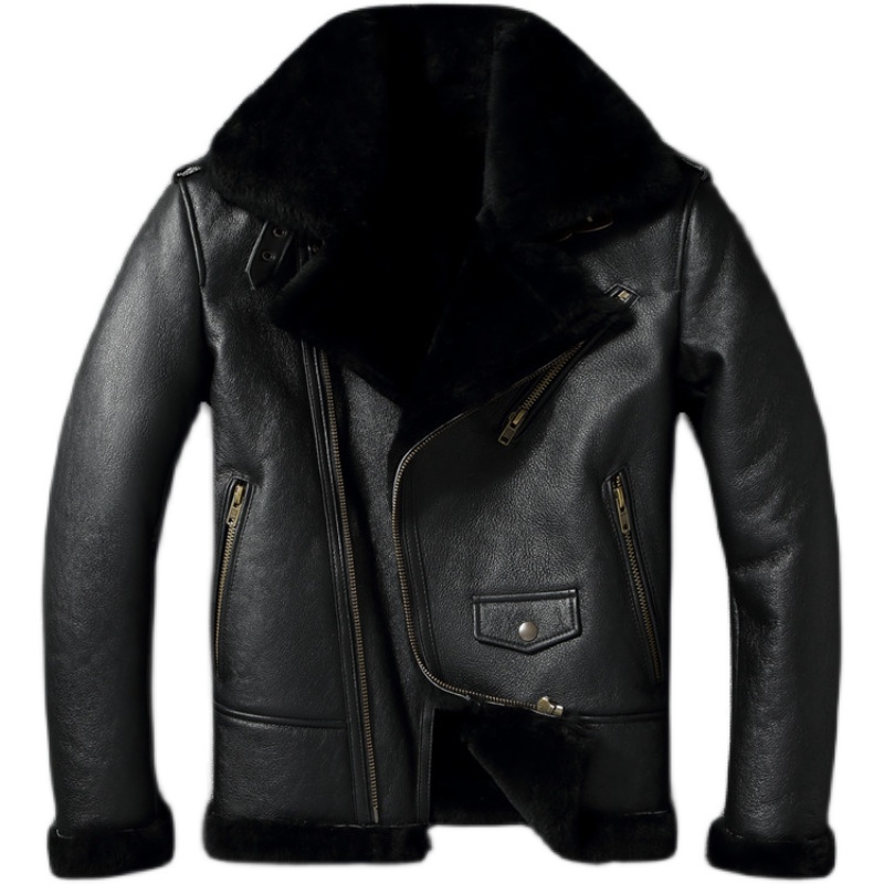 AThick Warm Genuine Sheepskin Real Fur Shearling Jackets for Men Leather Jacket Mens Biker Clothing Men's Coat Winte