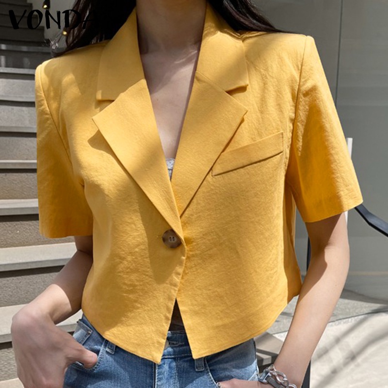 Vonda เสื้อเบลเซอร์ลําลอง คอปก สีพื้น ติดกระดุม สไตล์เกาหลี สําหรับผู้หญิง