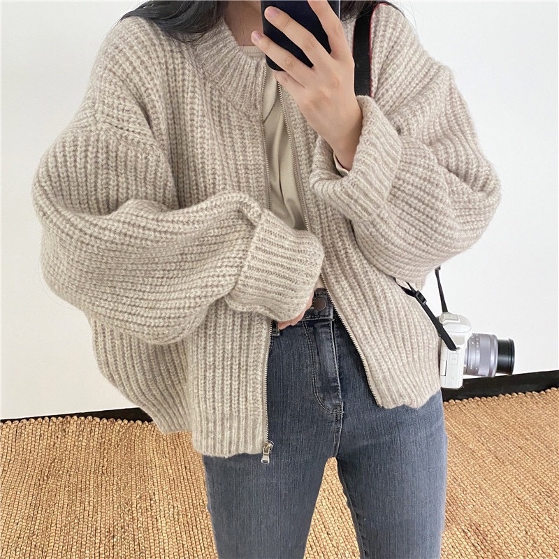 เสื้อคาร์ดิแกนลําลอง ผ้าถัก แต่งซิปสั้น สีพื้น แฟชั่นฤดูใบไม้ร่วง สไตล์เกาหลี สําหรับผู้หญิง