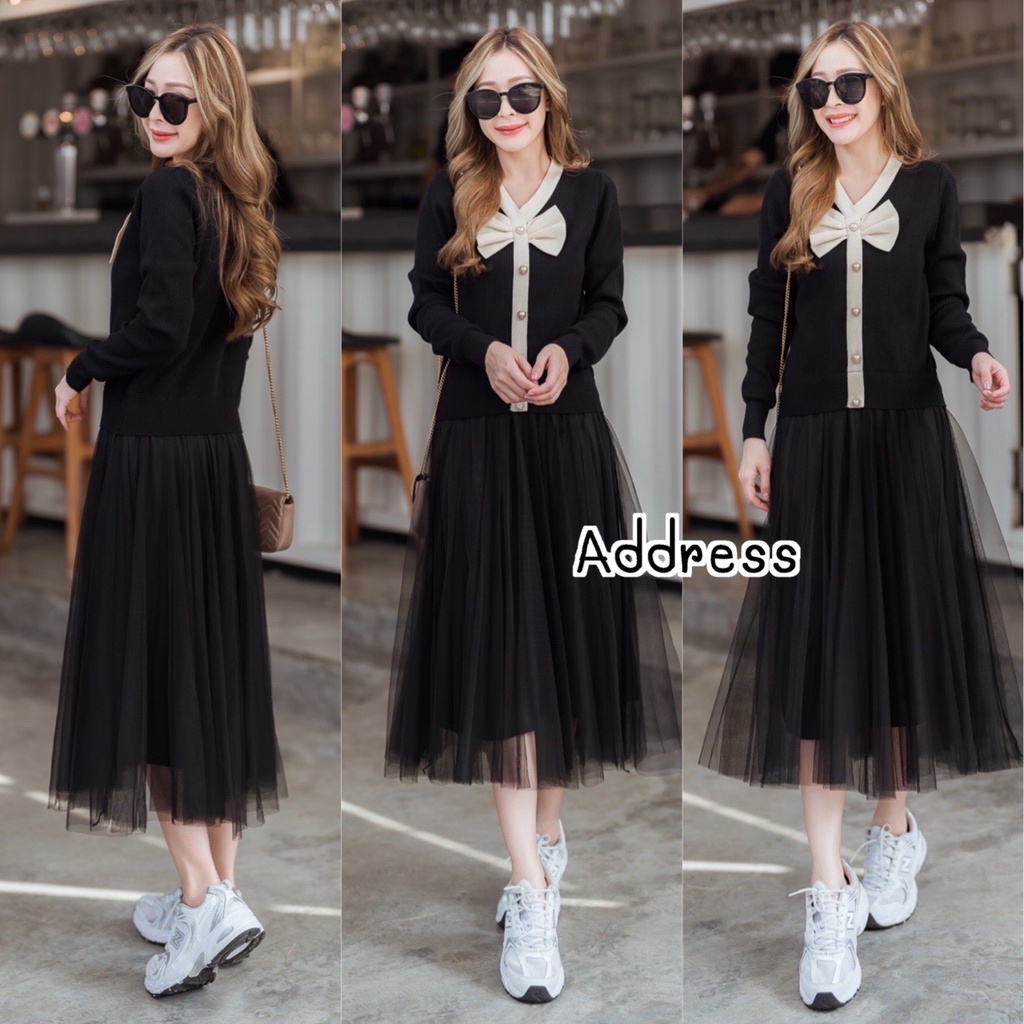 Address เดรสไหมพรม งานมีดีเทลแต่งชายระบายผ้ามุ้ง T-Shirtnista (AD5A)