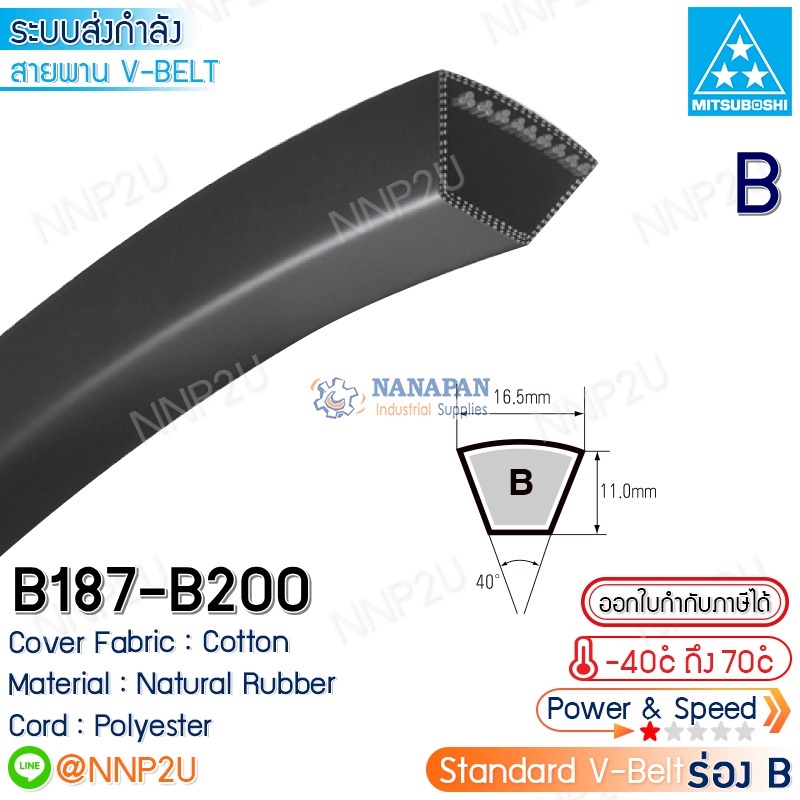 MITSUBOSHI สายพานมิตซูโบชิ ร่อง B เบอร์ B187 B188 B190 B195 B196 B199 B200 ร่องเรียบ