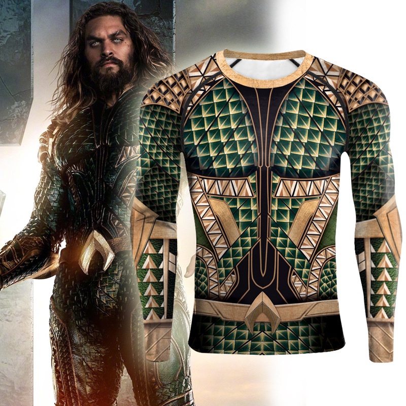 Superhero cos Aquaman 3d เสื้อยืดแขนยาวกีฬาชุดออกกําลังกายรัดรูป