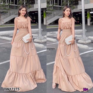 PE17275 Maxi dress เดรสยาวผูกไหล่ แต่งยุ่น