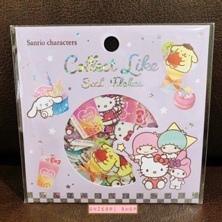 Sticker Sanrio Collect Like Seal Flakes Series เป็นแบบขนมมีวิ้ง ๆ ห่อขนาด 10 x 10 ซม. มี 8 แบบ รวม 40 ชิ้น