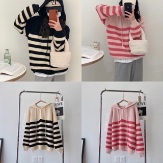 🌈🌿🌸🌺🌼💖🧡🤎🇰🇷 Knit Stripe Hood  Long Sleeve Top