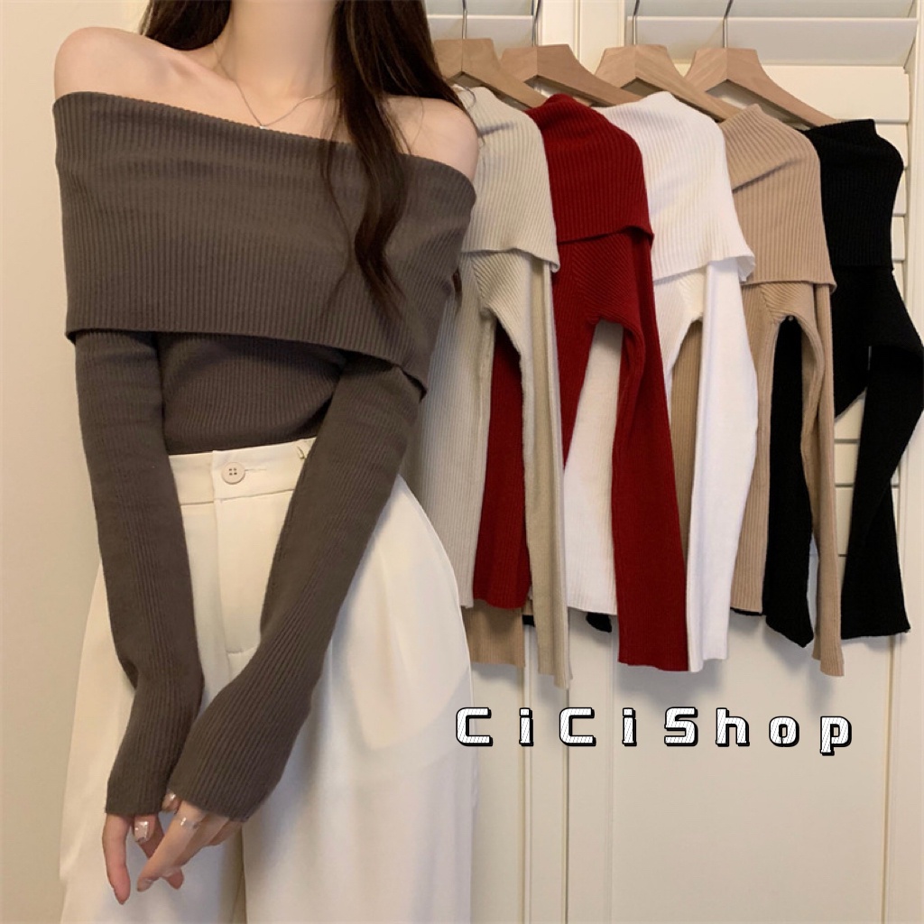 Cicishop(M355/M335/98117-1)Knit top เสื้อไหมพรมปาดไหล่แขนยาว ดีเทลทอร่องใหญ่ เก็บทรงแมตช์สวยจึ้งๆ