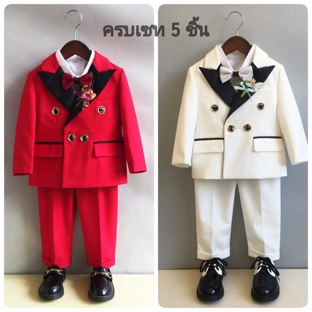 Bset0119- พร้อมส่งจากไทย ชุดออกงานเด็กชายครบเซท 5 ชิ้น ชุดสูทเด็กชายทรงสวย เนื้อผ้าสวย มีเสื้อสูท+เสื้อเชิ้ตแขนยาว+โบ...