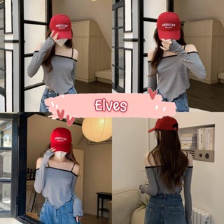 Elves✨พร้อมส่ง✨ เสื้อเปิดไหล่ ไหมพรม ลายตารางเล็กผ้าพริ้กใส่สบายคิ้วมาก ~56086~