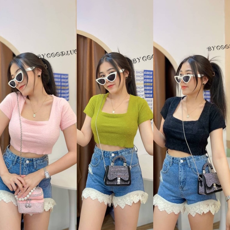 🌈Spinnyhouse🌈 เสื้อครอปขนมิ้ง Croptop ไหมพรม ขนมิ้ง ฟูๆ น่ารักจนใจบางไปหมด รุ่น แอนนา B-012-2-AA