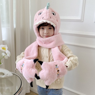 Winter Warm Children's hat scarf one-piece hat baby fleece-lined ear protection hat cartoon dinosaur windproof hat for boys and girls #3
