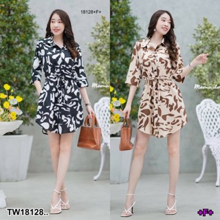 MM18128 เดรสปกเชิ้ต แขน 5 ส่วน พิมพ์ลาย .Dress with shirt collar, 5 parts sleeves, printed pattern..