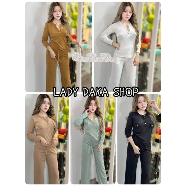 LADY DAKA SHOP ชุดเซ็ท2ชิ้น เสื้อคอกลมแขนยาวกระดุมสีเงิน + กางเกงขายาวมีกระเป๋า