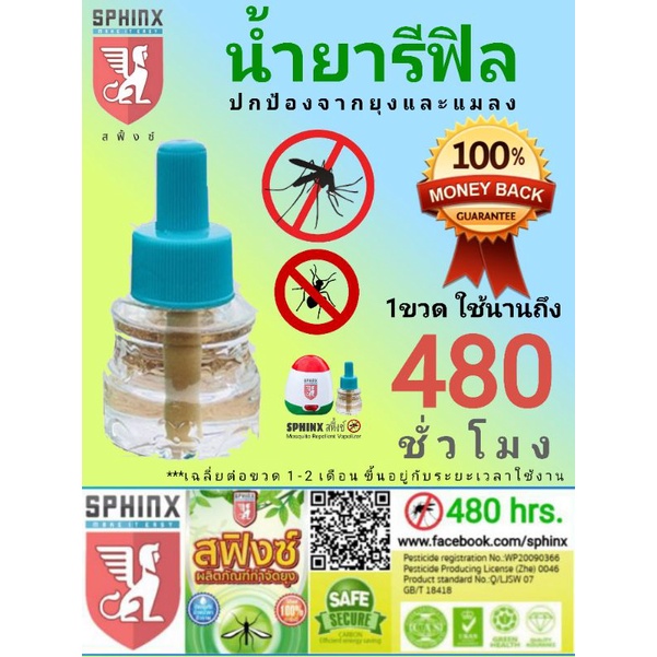 น้ำยาไล่ยุงรีฟิลสฟิงซ์ 480 ชม. ใช้งานนานกว่า คุ้มค่ากว่า ประสิทธิภาพสูง ปลอดภัย ไร้กลิ่น ไร้ควัน รับประกันความพอใจ