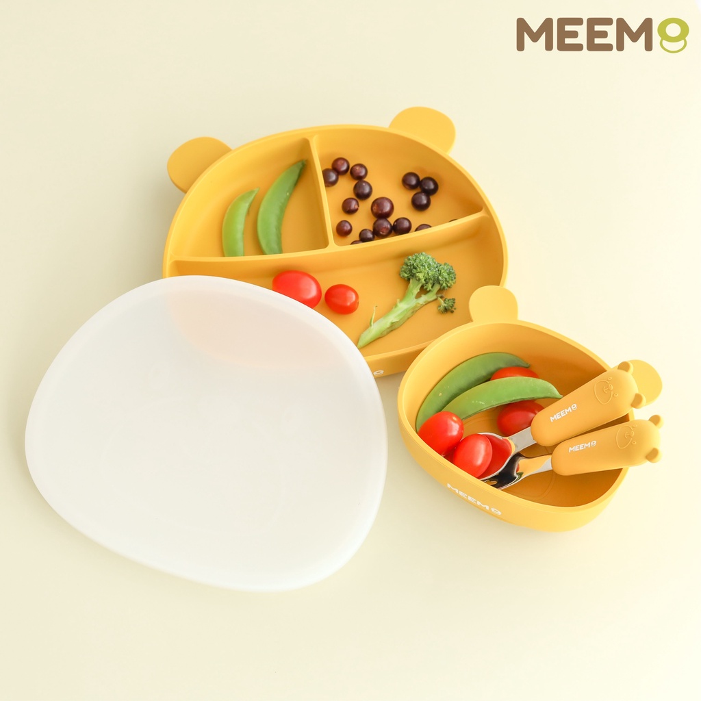 MEEM เซ็ทจานซิลิโคนดูดโต๊ะ 4 ชิ้น จานก้นดูดพร้อมฝาปิดซิลิโคน คุณภาพสูง ดูดแน่น ลายหมี รุ่น Little Bear