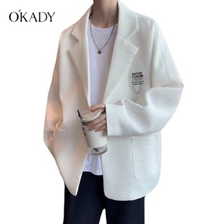 OKADY เสื้อแจ็คเก็ตลำลองผู้ชายวาฟเฟิลสไตล์ฮ่องกงสีทึบเสื้อแจ็คเก็ตแฟชั่นแนวเกาหลีระดับไฮเอนด์