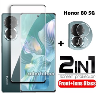 2 IN 1 ฟิล์มกระจกนิรภัยกันรอยหน้าจอ 3D แบบใส ป้องกันเลนส์กล้อง ด้านหลัง สําหรับ Huawei Honor 80 70 50 Pro 80Pro 80SE 70Pro+ Honor70 Honor80 5G