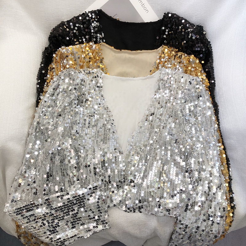 Glitz และ lamour Top 2025 ปีใหม่ V คอ night ชุดผู้หญิง Glitter แขนยาวคาร์ดิแกนประกายเสื้อผ้าสีดําทองเงิน