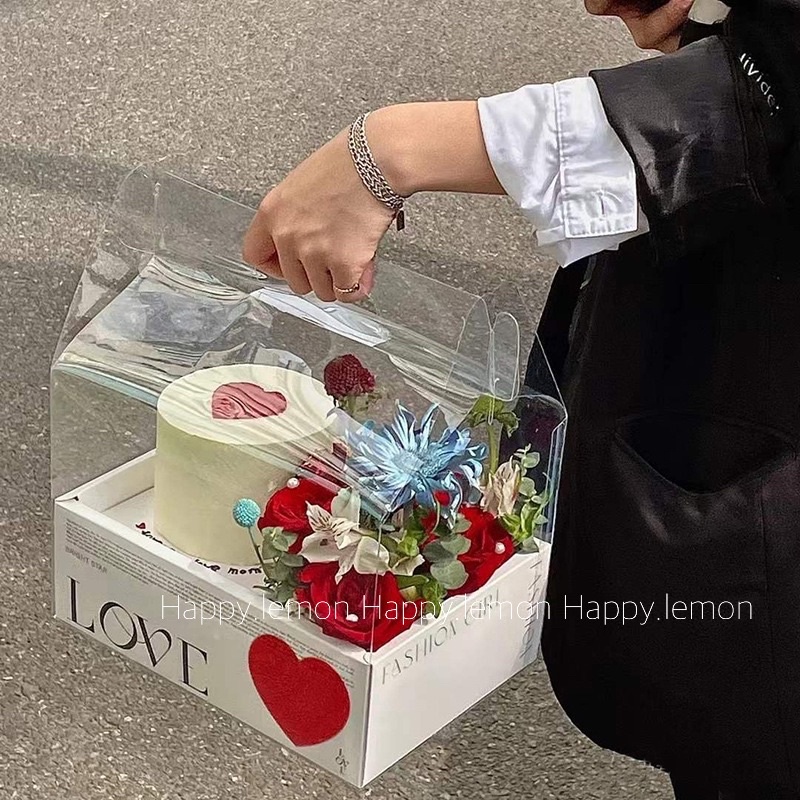 กล่องเค้กใส หูหิ้วสะดวก กล่อง2in1สำหรับเค้กและดอกไม้ วาเลนไทน์• พร้อมส่ง•