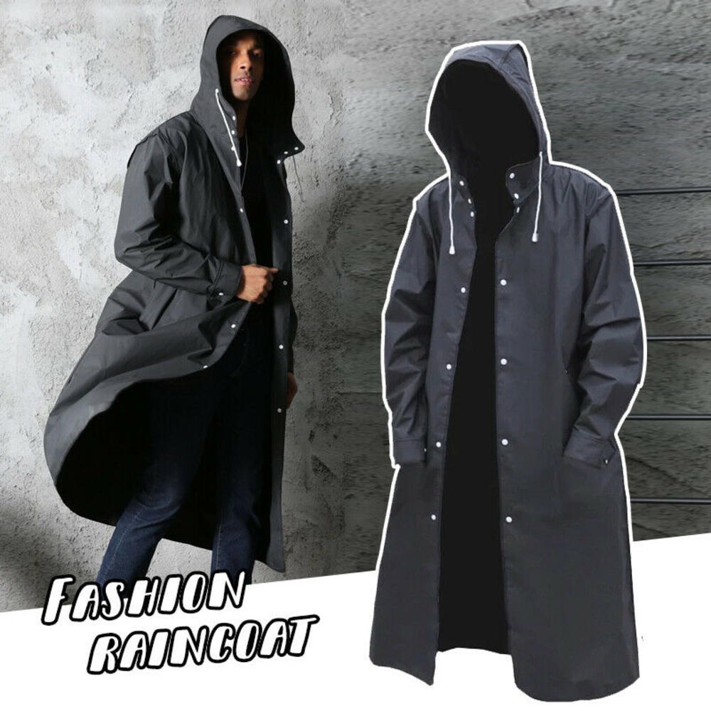 ยาวสีดําเสื ้ อกันฝน Trench Coat เสื ้ อแจ ็ คเก ็ ตคลุมด ้ วยผ ้ าฝนกันน ้ ํา Rainwear สําหรับผู ้ ชายผู ้ หญิง