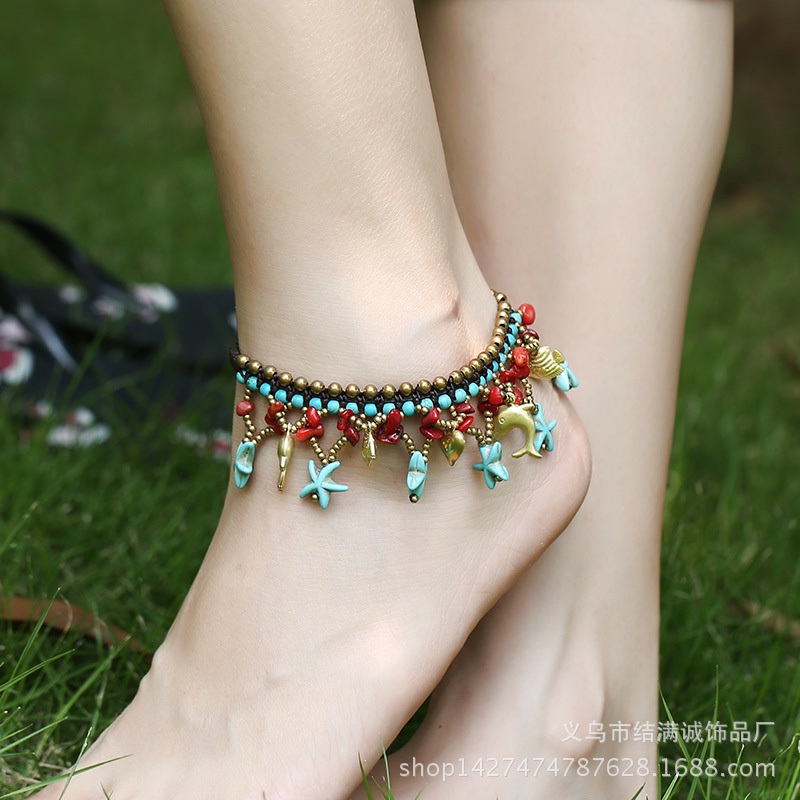 Yiiga สร้อยข้อเท้า ทองแดงถักมือ รูปปลาดาว สไตล์โบฮีเมียน ยุโรป อเมริกัน เครื่องประดับชายหาด สําหรับผู้หญิง