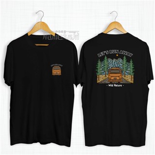 Kaos เสื้อยืดลําลอง ผ้าฝ้าย แขนสั้น พิมพ์ลาย RUN AWAY With Camper Van Adventure Mountain Beach Distro สีกาเมฮากิ พรีเมี่ยม สําหรับผู้ชาย และผู้หญิง 30s