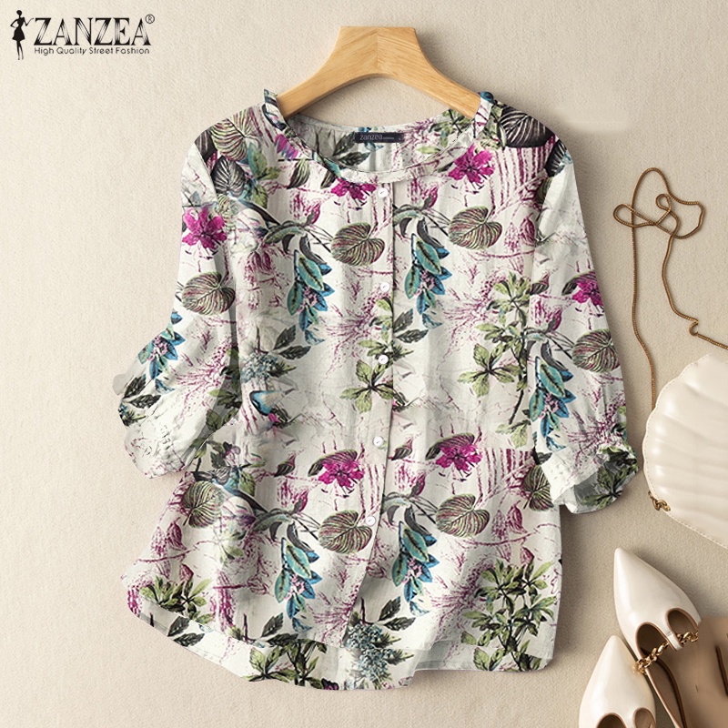 Zanzea เสื้อลําลองสําหรับสตรี แขน 3/4 พิมพ์ลาย วินเทจ ทรงหลวม