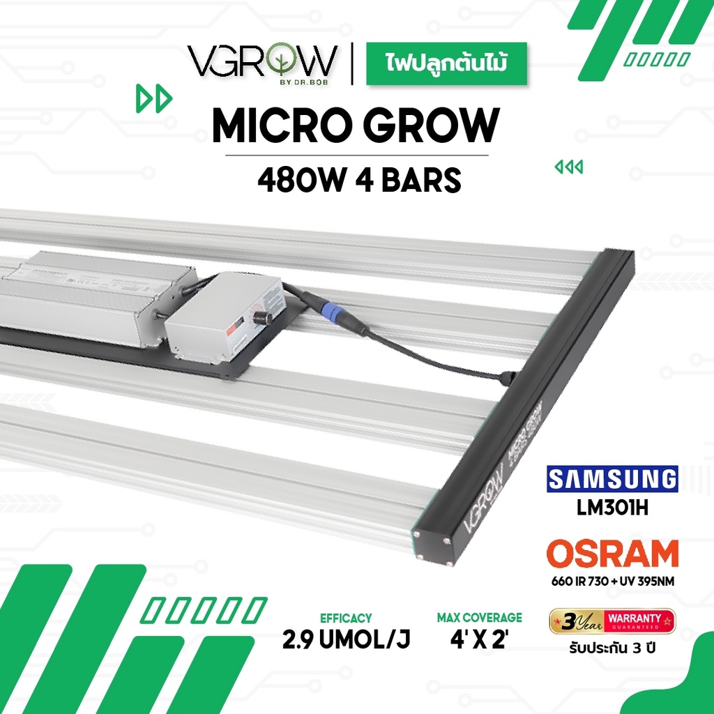 [ส่งฟรี] ไฟบาร์ปลูกต้นไม้ Grow Light รุ่น MICRO GROW 480W 4 Bars Full Spectrum ไฟปลูกต้นไม้