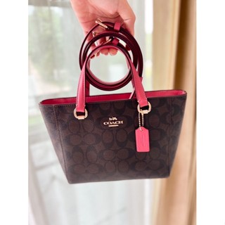 (ผ่อน0%) กระเป๋าสะพายข้าง Coach Alice Satchel In Signature Canvas CA613 ใบเล็ก 8 นิ้ว ลายซี สีน้ำตาลเข้ม สายสีแดง