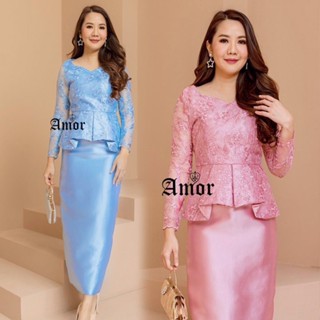 ส่งฟรี💥ชุดผ้าไหม ชุดไทย ชุดทำบุญ เสื้อลูกไม้+กระโปรงยาว สีมพู/สีฟ้า M-4XL