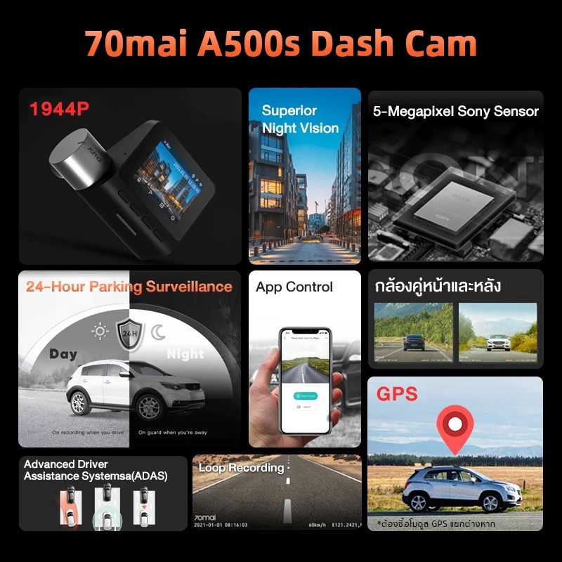 [HOT] 70mai Dash Cam A500s กล้องติดรถยนต์ 2.7K Car Camera หน้าหลัง RC06 ทนความร้อน กลางคืนสว่าง GPS รับประกันไทย1ปี thumbnail 4