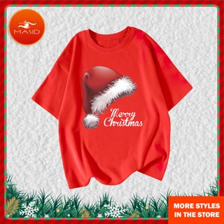 เสื้อยืดผ้าฝ้าย เสื้อยืดคริสต์มาสCute Cartoon Santa Claus Christmas Tree Men and Women T-shirt Christmas Clothes Women C