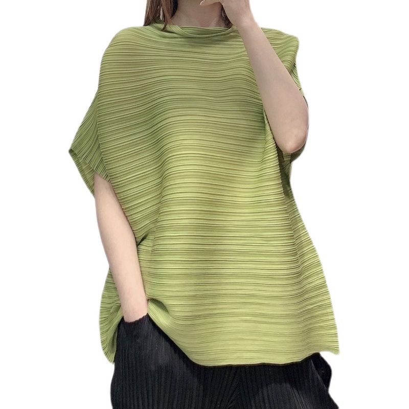 Style~Issey Miyake เสื้อยืดขนาดใหญ่แฟชั่น Small Stand-Up Collar ผู้หญิงจีบหลวม Slimmer ดูสั้น-
