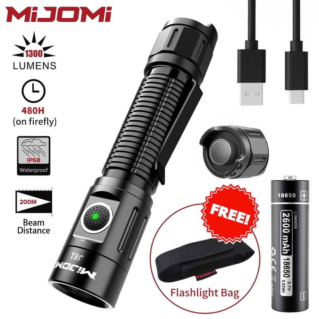 ไฟฉาย Mijomi J81 ไฟฉายยุทธวิธี สวิตช์คู่ สว่างมาก 1300lumens, Type-c Compact LED Torch, กันน้ํา IP68