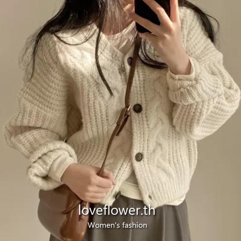 love flower เสื้อแจ็กเก็ตคาร์ดิแกน กันหนาว คอวี แขนพอง ผ้าลินินถัก ทรงหลวม แบบเรียบง่าย สไตล์เกาหลี สําหรับผู้หญิง คาร์ดิแกนแขนยาว