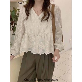เสื้อเชิ้ตแขนยาว ทรงหลวม ปักลายดอกไม้ แต่งลูกไม้ สวยหรู แฟชั่นทันสมัย สไตล์เกาหลี สําหรับผู้หญิง