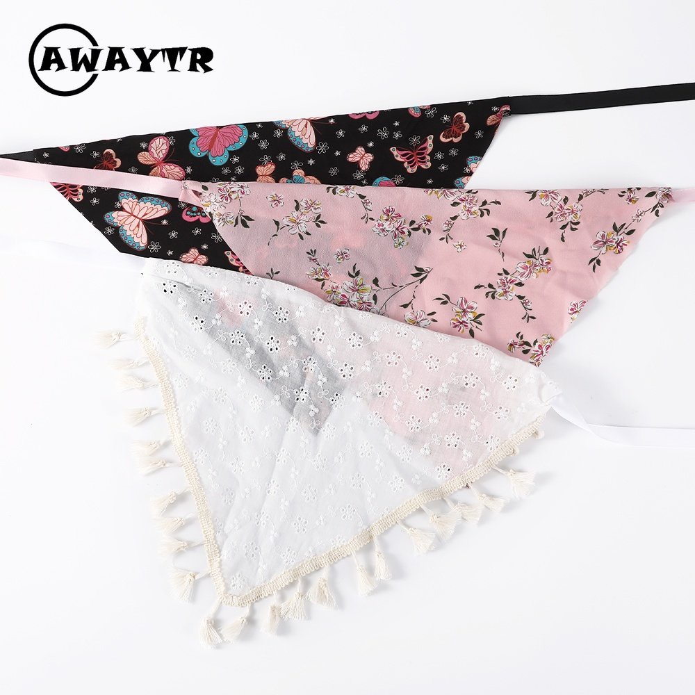 Awaytr ใหม่ ผีเสื้อ ดอกไม้ ที่คาดผม พู่ สามเหลี่ยม ผ้าพันคอผม สําหรับผู้หญิง ผ้าพันคอ เครื่องประดับผม