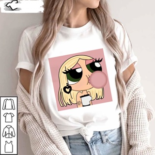 Hot Sale Custom Women Summer Cute Baddie Powerpuff Girls Print T-Shirtเสื้อยืด